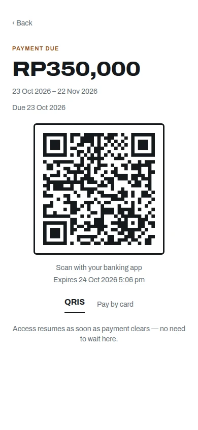 Members pay the way they already pay for everything else. The money goes from them to your own Stripe or Xendit account, then to your bank.